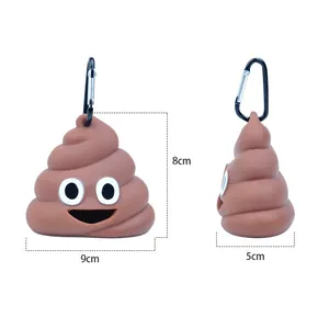 Detail view showing dimensions of poop emoji dog poop bag dispenser with carabiner clip