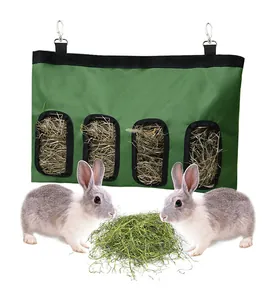 Green 4-hole hanging hay feeder bag for rabbits and guinea pigs on a white background