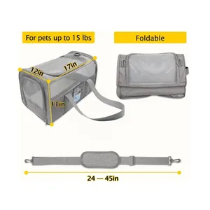 Detailed view of grey foldable pet carrier bag with dimensions and adjustable strap
