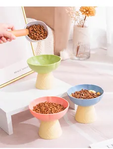 Detailed macro view of colorful ice-cream cone shaped raised pet bowls with dry kibble.