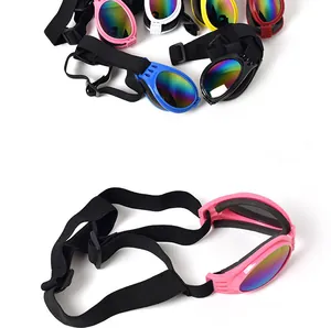 Close-up detail of foldable dog sunglasses with rainbow lenses and elastic straps