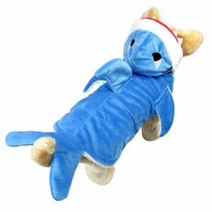 Blue shark-shaped plush pet carrier backpack detail view showing soft fabric texture.