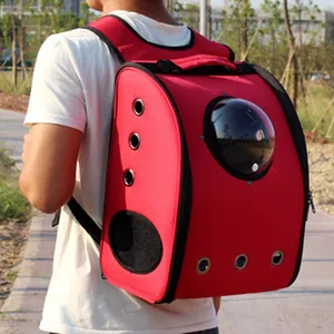 Detailed view of red pet carrier backpack with clear bubble window and air holes