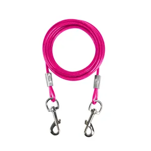 Durable pink steel wire dog tie-out cable with heavy-duty dual metal swivel clips