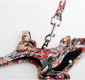 Detail shot of floral pet harness with secure metal clasp and breathable mesh.