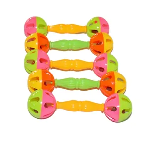 Set of 5 colorful plastic dumbbell bird toys with internal bells for parrot training