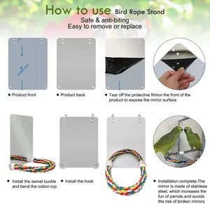 Installation guide showing protective film removal and rope perch setup for bird mirror