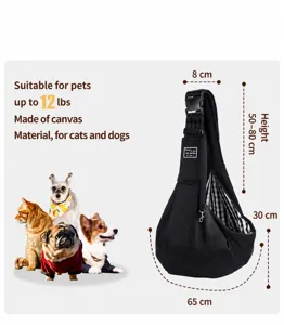 Adjustable black polyester pet carrier sling bag showing full dimensions and weight limit