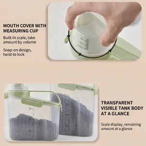 Sealed pet food storage container with measuring cup lid and visible scales