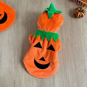 Dettaglio di una festosa felpa in peluche arancione a forma di zucca per cani calda