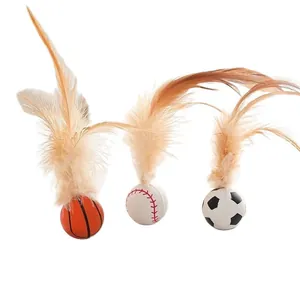 Set of 3 cat toy elastic balls with feathers in basketball baseball soccer designs