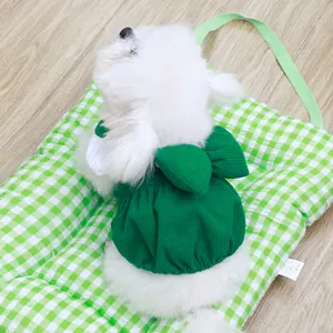 Grünes Cord-Hundekleid im Kürbis-Stil mit Schleife für kleine Haustiere, warme Winterkleidung
