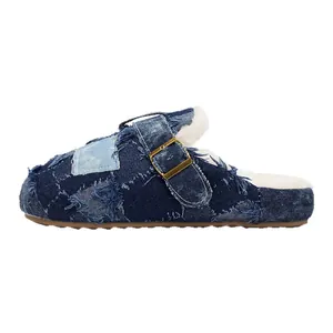 Sabot in denim vintage di qualità con fodera in pile e cinturino con fibbia da uomo
