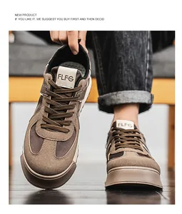 Vista detallada de zapatillas de gamuza marrón para hombre con suelas gruesas y malla