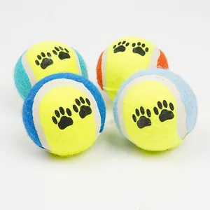 Detailansicht bunter Haustier-Tennisbälle mit Pfotenabdrücken für Hundetraining.