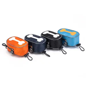 Set of colorful dog poop bag dispensers with bone-shaped detail and carabiner clips