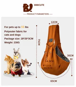 Detail view of orange pet sling carrier with dimensions and material specs