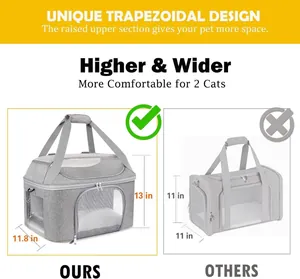 Detaillierter Größenvergleich des großen Haustiertransportbeutels mit Trapezdesign.