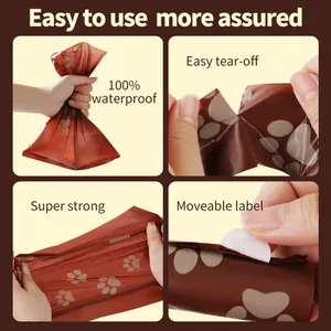 Features of chocolate-scented pet waste bags: waterproof, strong, and easy tear-off detail.