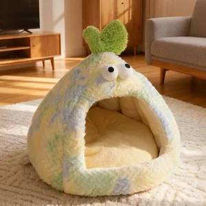 Cozy tie-dye plush semi-enclosed pet bed for cats and small dogs in warm room