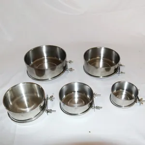 Stainless steel hanging bird feeder bowls in five different sizes for parrot cages