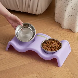 Purple wave-shaped double pet bowl with removable stainless steel bowls for dogs and cats