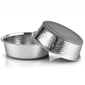 Non-slip hammered stainless steel pet bowls for dogs and cats on a white background.
