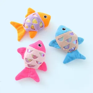 Three colorful fish-shaped plush cat toys with catnip and crinkle paper details