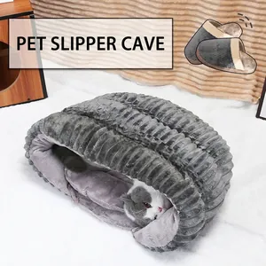 Slipper Shaped Closed Pet Bed Thickened Warm Velvet Cat House For Small Dogs And Cats Non-slip Washable Gray Pet Sleeping Nest