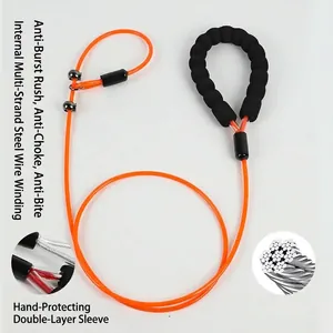 Detail view of the heavy duty orange P-chain dog leash showing internal multi-strand steel wire