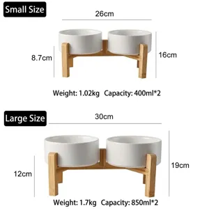 Detailed size comparison of small and large ceramic double cat bowls with bamboo stand