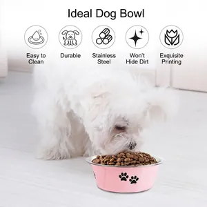 Durable large capacity pink stainless steel dog bowl with paw print for pet feeding