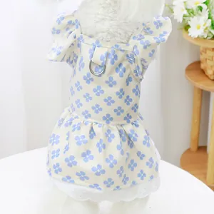 Robe de princesse pour chien avec motif trèfle bleu et ourlet en dentelle blanche élégant
