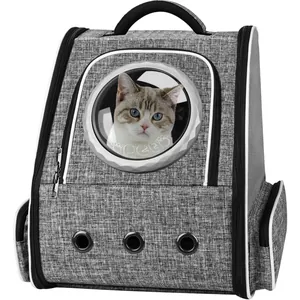 Mochila gris transpirable para mascotas con ventana de burbuja clara para gatos