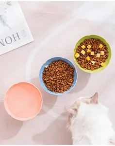 Detailed view of three colorful petal-shaped pet bowls filled with food and water for cats