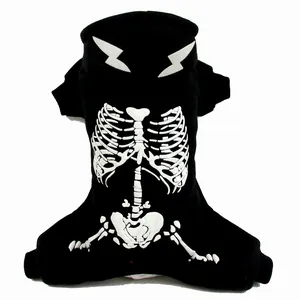 Detailed view of a black Halloween dog costume featuring a glowing skeleton bone print