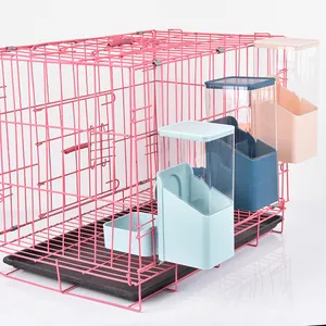 Automatic gravity pet feeder for dog and cat cages in blue and pink pastel colors