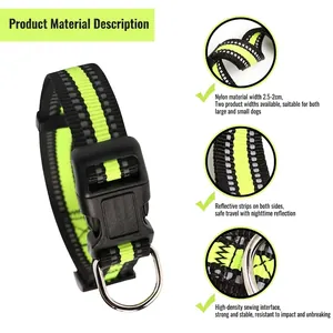 Detailweergave van reflecterende nylon hondenhalsband met stevige gesp en naden.