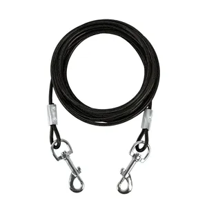 Durable black steel wire tie-out cable with double swivel snap hooks for dogs