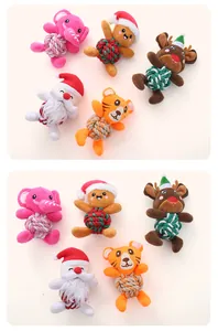 Collection of Christmas themed plush pet toys featuring colorful cotton rope balls for chewing.