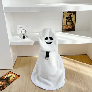 White fleece ghost cloak for cats and dogs with Halloween theme and leash D-ring attachment