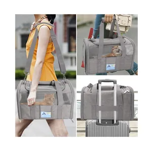 Collage of grey pet carrier showing shoulder strap, hand-carry, and luggage sleeve options.