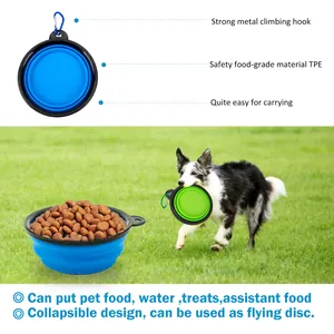 Close-up of portable collapsible pet bowl featuring metal hook for food and water.