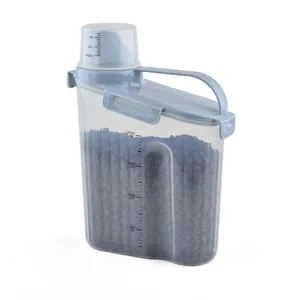 Transparent pet food storage container with airtight blue lid and measuring cup scale