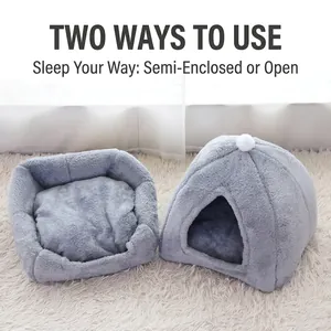 Cama y casa para gatos plegable 2 en 1 de felpa, nido gris suave para gatos y perros pequeños