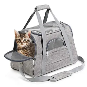 Borsa da trasporto grigia per animali con finestre a rete e gattino all'interno