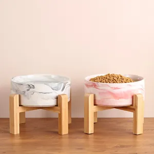 Gamelle pour Chat en Céramique Motif Marbre Support Surélevé en Bois de Bambou Bol Eau Nourriture pour Chats Petits Chiens Vaisselle Moderne