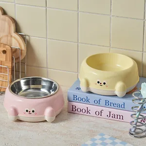 Cute cartoon stainless steel cat bowl with anti-slip base for pets, durable and easy to clean