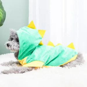Cute green dinosaur pet hoodie costume for small dogs and cats, soft fleece fabric.