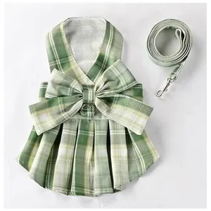 Green plaid JK style pet harness dress and matching leash set for cats and small dogs.